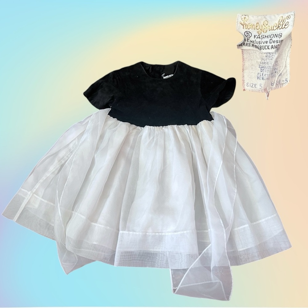 VTG 50's/60's Girls HONEYSUCKLE FASHIONS Black/Off White Short Sleeve Dress Sz 5